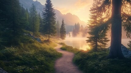 Poster - Serene sunrise over misty mountain lake with winding path.