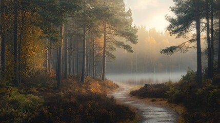Poster - Misty autumn path through a sunlit pine forest leading to a tranquil lake.
