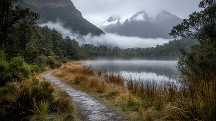 Poster - Misty lake trail, mountains, fog, serene landscape, autumnal colors.