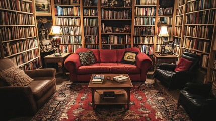 Poster - Cozy library with red sofa, bookshelves, and armchairs.