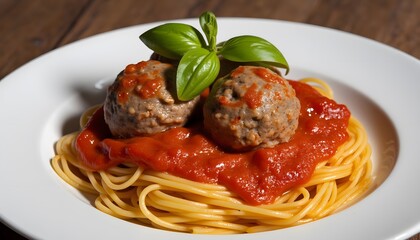 Canvas Print - A close up of delicious spaghetti with tomato sauce and meatball on a plate