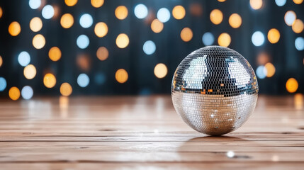 Sticker - close up of disco ball reflecting colorful lights on wooden floor