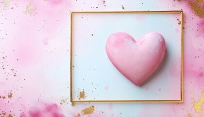 Wall Mural - Pink heart with gold frame on pastel background Valentine's Day card