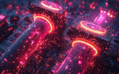 Poster - Glowing cyberpunk pillars on circuit board.