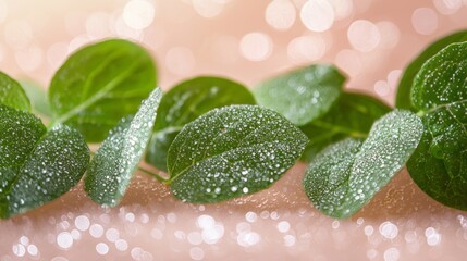 Aufkleber - Delicate green leaves rest peacefully on a gentle pastel surface, each glistening with water droplets that reflect the soft morning light, creating an atmosphere of serene beauty