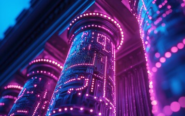 Poster - Futuristic glowing columns with circuit board design.