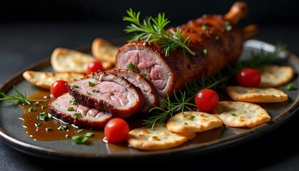 Canvas Print - Roasted Meat Dish with Tomatoes and Crackers on a Plate for a Fine Dining Meal