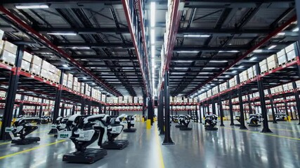 Poster - Automated robots move packages in a modern warehouse during daylight hours
