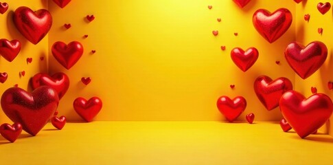 Wall Mural - romantic red hearts floating in a yellow room, perfect for valentine's day or love-themed designs