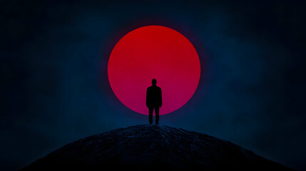 Poster - Minimal art, Solitary businessman standing atop barren hill, silhouetted against massive crimson sun dominating shadowy nocturnal landscape