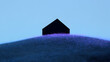 © Rohit k  - Minimal art, Black minimalist house silhouette standing alone on purple grassy hill, blue sky backdrop creating peaceful isolated landscape