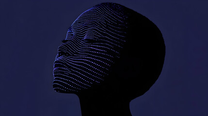 Poster - Minimal art, Minimal art portrait of woman face covered with glowing dots forming lines on dark blue background