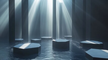 Poster - Customizable abstract hexagon designs layered with artistic light beams for unique presentations.
