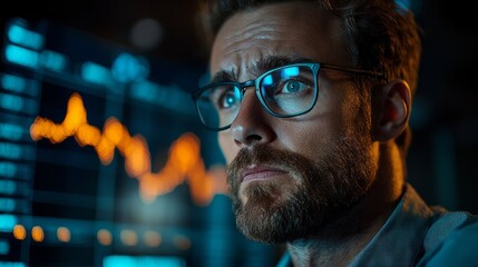 Poster - A young man with glasses displays a worried expression, reflecting concern over fluctuating market graphs and financial instability during a late-night work session