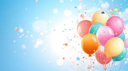 Poster - A vibrant collection of colorful balloons against a bright blue background, capturing a festive and cheerful atmosphere