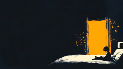 Poster - A solitary figure sits on a bed, illuminated by a bright yellow doorway, creating a stark contrast against a dark background