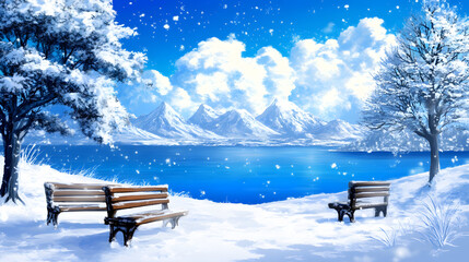 Poster - A serene winter landscape featuring a snowy lake, majestic mountains, and empty benches under a bright blue sky with fluffy clouds