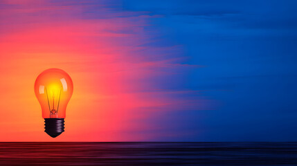 Poster - A glowing lightbulb against a vibrant sunset, symbolizing inspiration and creativity in a serene landscape