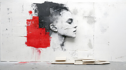 Poster - A striking mural features a monochrome profile with splashes of red and black, creating a powerful visual impact against a white wall