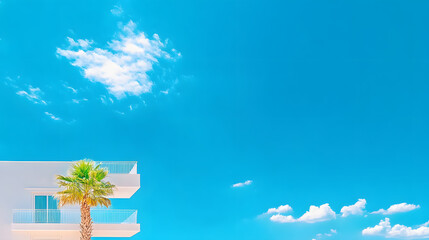 Poster - A vibrant blue sky with fluffy clouds overhead and a modern white building featuring a palm tree in the foreground, evoking a tropical feel