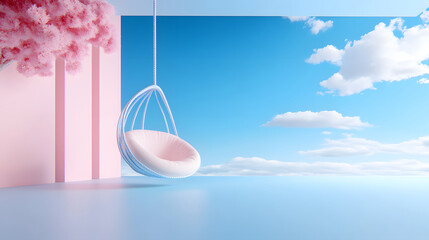 Poster - A serene scene featuring a hanging chair against a vibrant blue sky, fluffy clouds, and soft pink accents, evoking tranquility and comfort