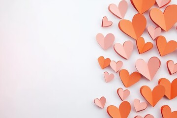 Wall Mural - Scattered Paper Hearts on White Background Romantic Valentine's Day Design