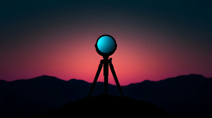 Poster - Minimal art, Minimalist concept of light painting device illuminating the dark mountains at sunset, symbolizing creativity and innovation