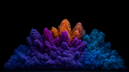 Poster - Minimal art, Vibrant smoke swirling dynamically, exploding in orange, purple, blue hues against dark minimalist background