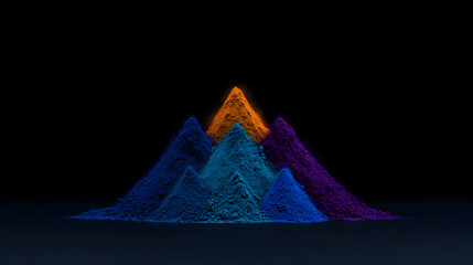 Poster - Minimal art, Colorful powder pyramids rising dynamically, stacking in vibrant orange, blue, and purple against stark black backdrop