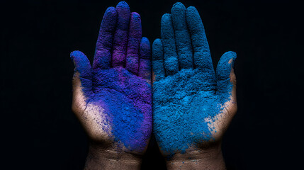 Poster - Minimal art, Blue and purple holi pigments dusting open palms, creating minimalist artistic expression against dark backdrop