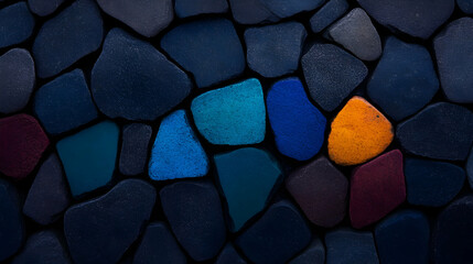 Poster - Minimal art, Colorful stones forming minimal geometric mosaic, blending vibrant blue and orange hues against deep monochromatic surface
