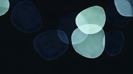 Poster - Minimal art, Translucent geometric shapes layering across deep black background, generating dynamic spatial depth and graphic visual complexity