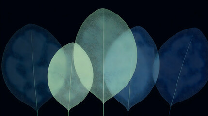 Poster - Minimal art, Minimal art representing translucent leaves creating overlapping silhouettes in shades of blue and green on a dark background