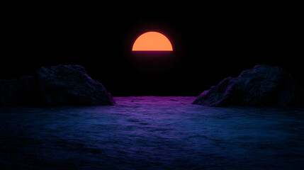 Poster - Minimal art, Minimalist seascape with two mountains and a half sun illuminating violet water during night
