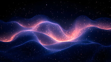 Poster - Minimal art, Dark space illuminated by glowing wave patterns, vibrant particles dancing through minimalist art, conveying mysterious energy