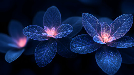 Poster - Minimal art, Minimal art representing two glowing blue fantasy flowers blooming in a dark background, symbolizing hope and beauty