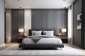 Wall Mural - Modern Bedroom Design With Grey Wall And 3D Wall Panelling