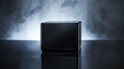 Poster - Glossy Black Cube Platform on a Reflective Surface with a Textured Abstract Background