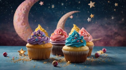 Wall Mural - Colorful cupcakes with decorative frosting and stars in a dreamy background.