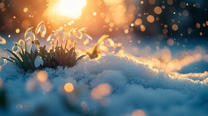 Aufkleber - Snowdrops peek through the glistening snow as sunlight filters through the trees. The air sparkles with falling flakes, revealing the beauty of winter's transition to spring