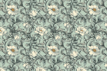 Poster - Floral Toile Tapestry Pattern. Vintage botanical wallpaper pattern. Background image. Created with Generative AI technology