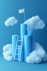 Poster - Creative Blue Podium with Clouds and Ladder, Ideal for Business or Abstract Mockups