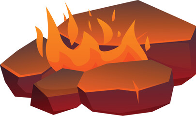 Poster - Cartoon bonfire burning brightly on a stone surface, providing warmth and light