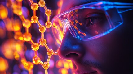 Poster - A scientist examines glowing sugar molecules illuminated by colorful light in a contemporary laboratory. The vibrant hues reflect the beauty of molecular structures and research