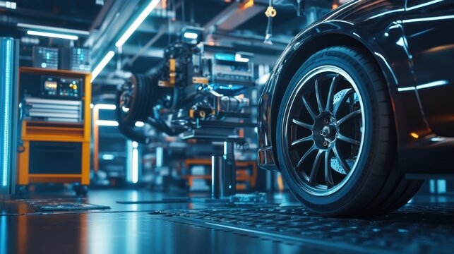 Close-up of a car's wheel in an auto repair shop.