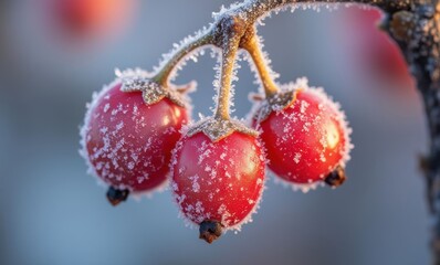 Canvas Print - Frost-covered red berries in winter