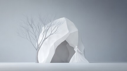Poster - Ethereal White Sculpture Displaying Elegance Amidst Minimalist Landscape and Creative Design