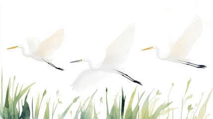 Poster - Elegant White Egrets in Flight Above Lush Green Estuary Landscape with Soft Watercolor Details