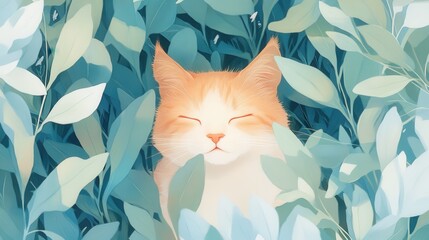 Poster - Lively Feline Character Surrounded by Green Leaves in a Dreamlike, Envisioned Nature Scene