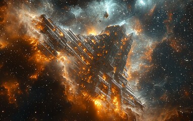 Poster - Burning spaceship in nebula.